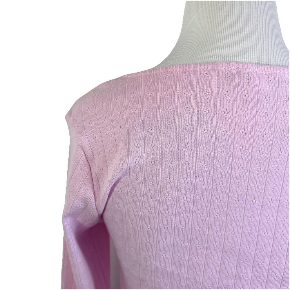 RSQ Long-Sleeve Shirt L Pink Pointelle Bow Coquette Cottagecore Cute BalletCore - Picture 8 of 14